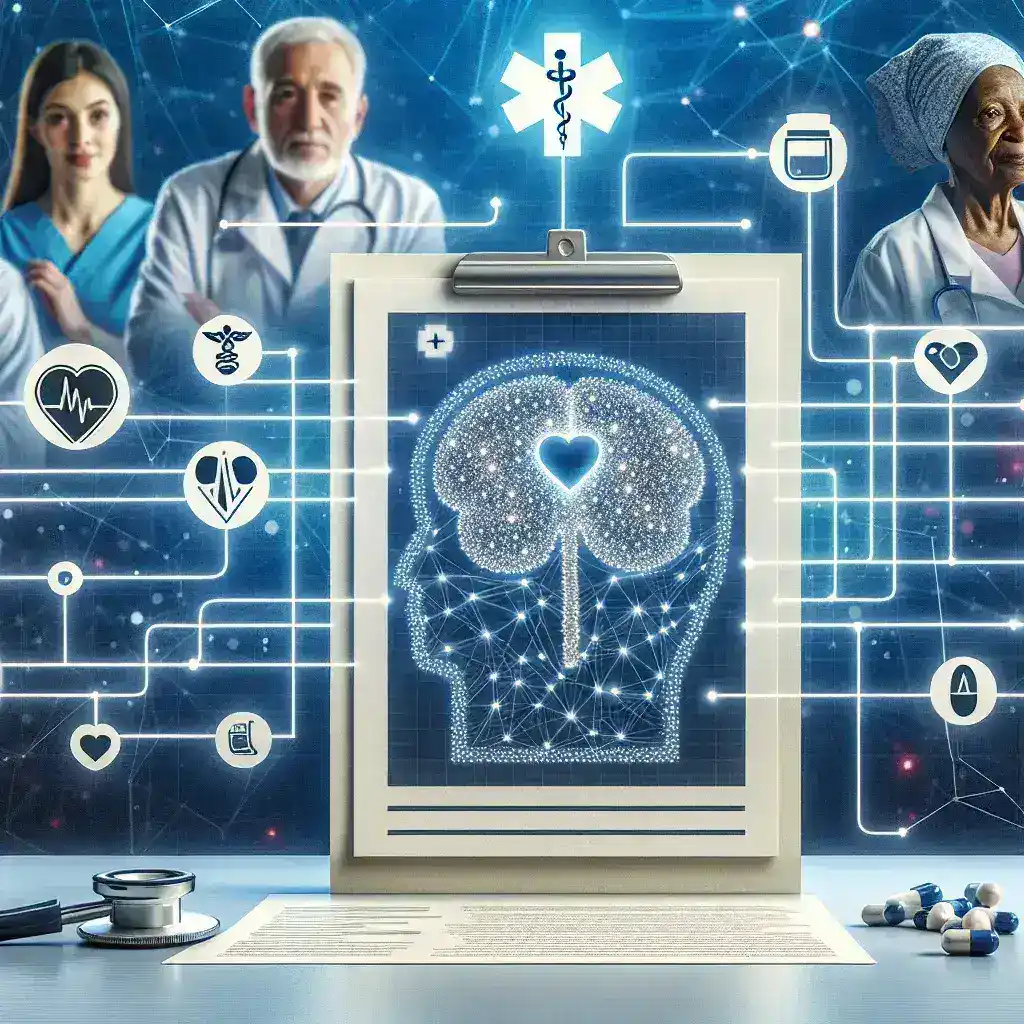 "Ferramenta de IA que gera relatórios médicos simplificados para pacientes, ilustrando uma interface de usuário amigável com gráficos e dados de saúde."