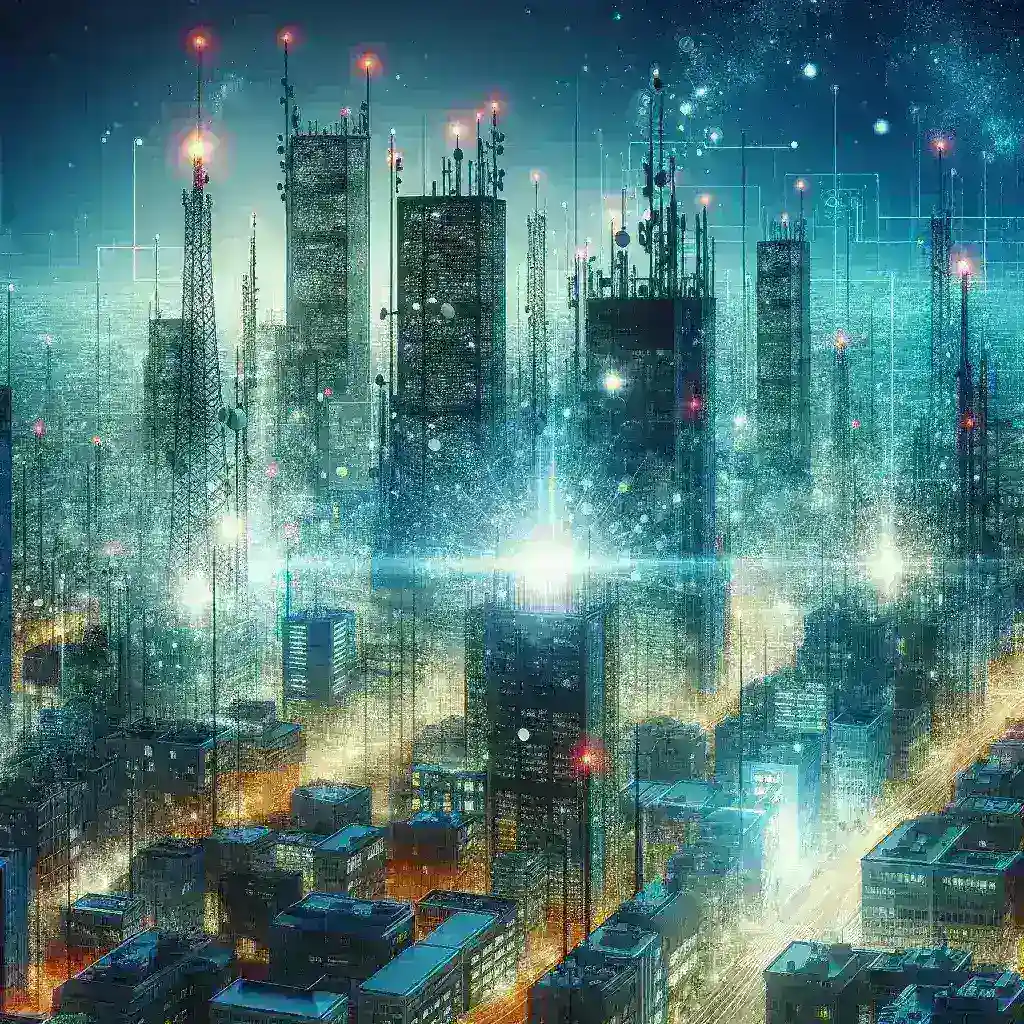 "Imagem ilustrativa de uma cidade moderna com infraestrutura de telecomunicações 6G, destacando a eliminação de áreas de sombra em conectividade urbana."